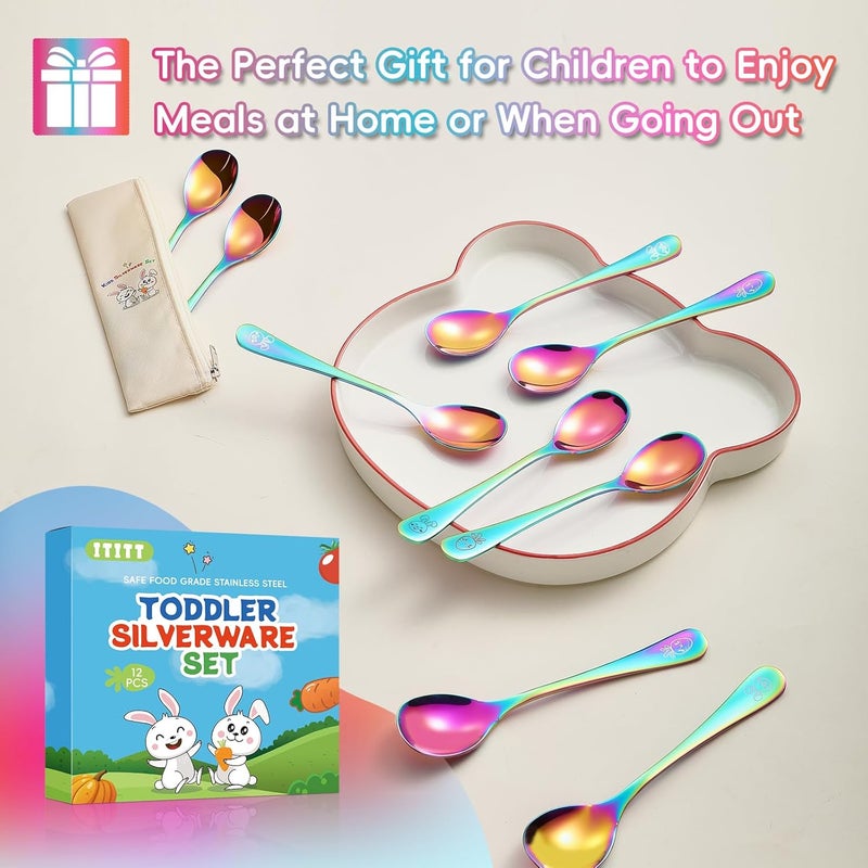 ITITT Stainless Steel Rainbow Toddler Spoons Set - 12 Pieces Food Grade Kids Spoons Set Safe Kids Silverware Children Small Spoon Metal Toddler Utensils Mirror Polished Sturdy and Durable Dishwasher Safe - Image 5